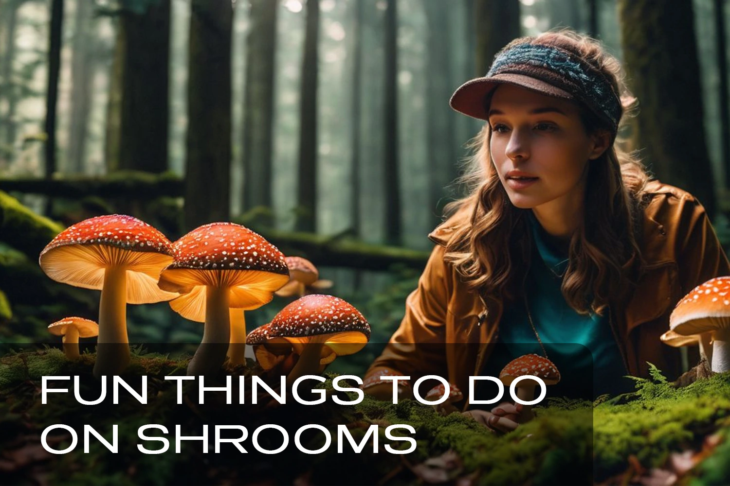 Woman sitting in a forest surrounded by mushrooms