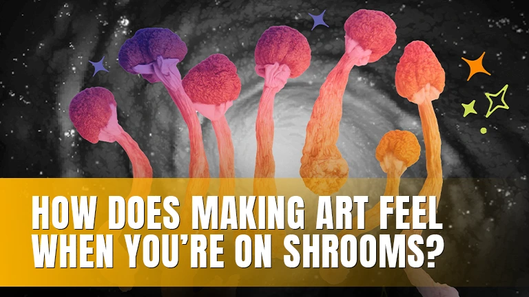 Colored mushrooms against a cosmic background.