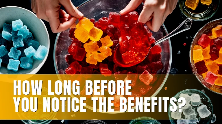Hands scooping red and orange gummies from a bowl.
