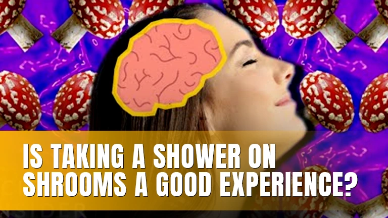 A woman smiling with a glowing brain and mushrooms.