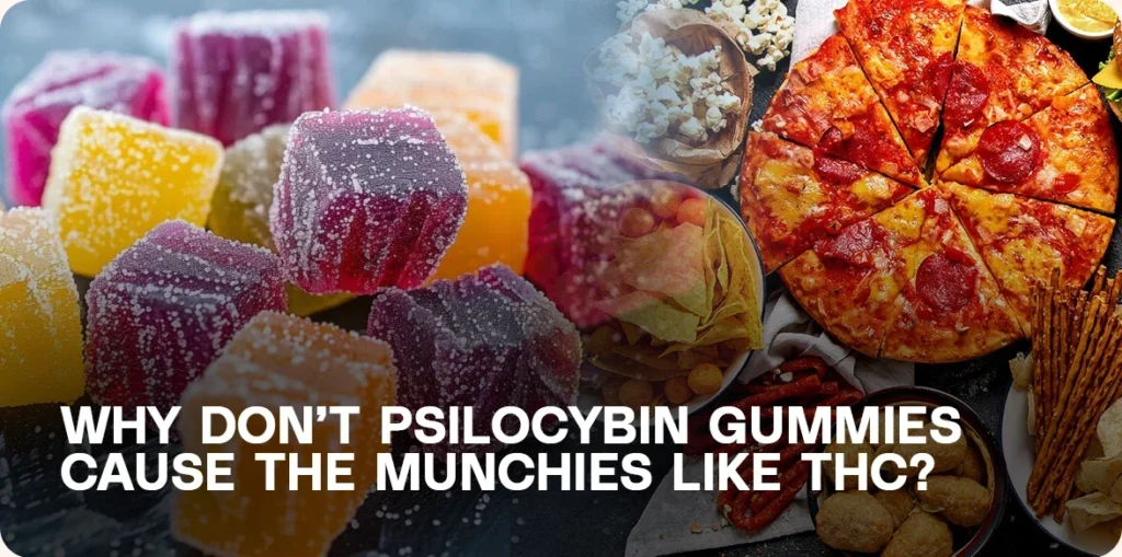 Psilocybin gummies with with pizza, popcorn, and snacks.